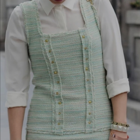 Zara‎ Tweed Mint Green Metallic Studded Mini Dress Size Small - Picture 2 of 10